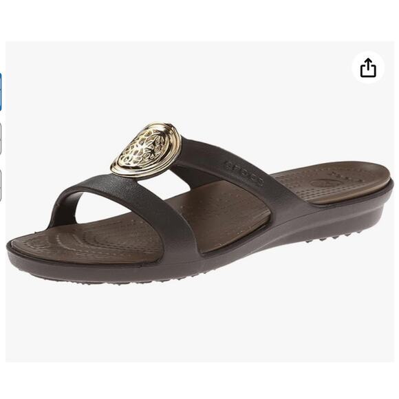 Crocs Women's Slide Strappy Wedge Sanrah Sandals Gold Medallion Brown Size W7 - Picture 1 of 10